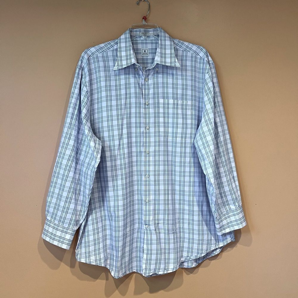 Peter Millar Size XL White Lavender & Mint Plaid Striped Button Down